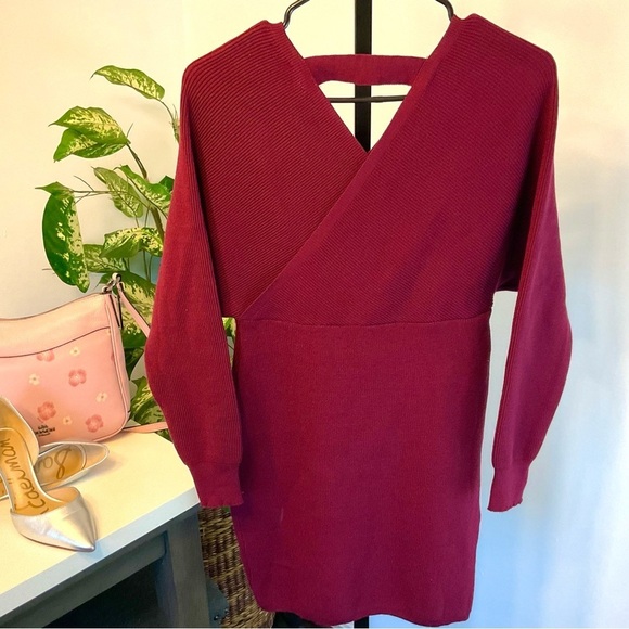 Knit Mini Dress with Ballooned Sleeves Burgundy - Large/X Large - Picture 2 of 5